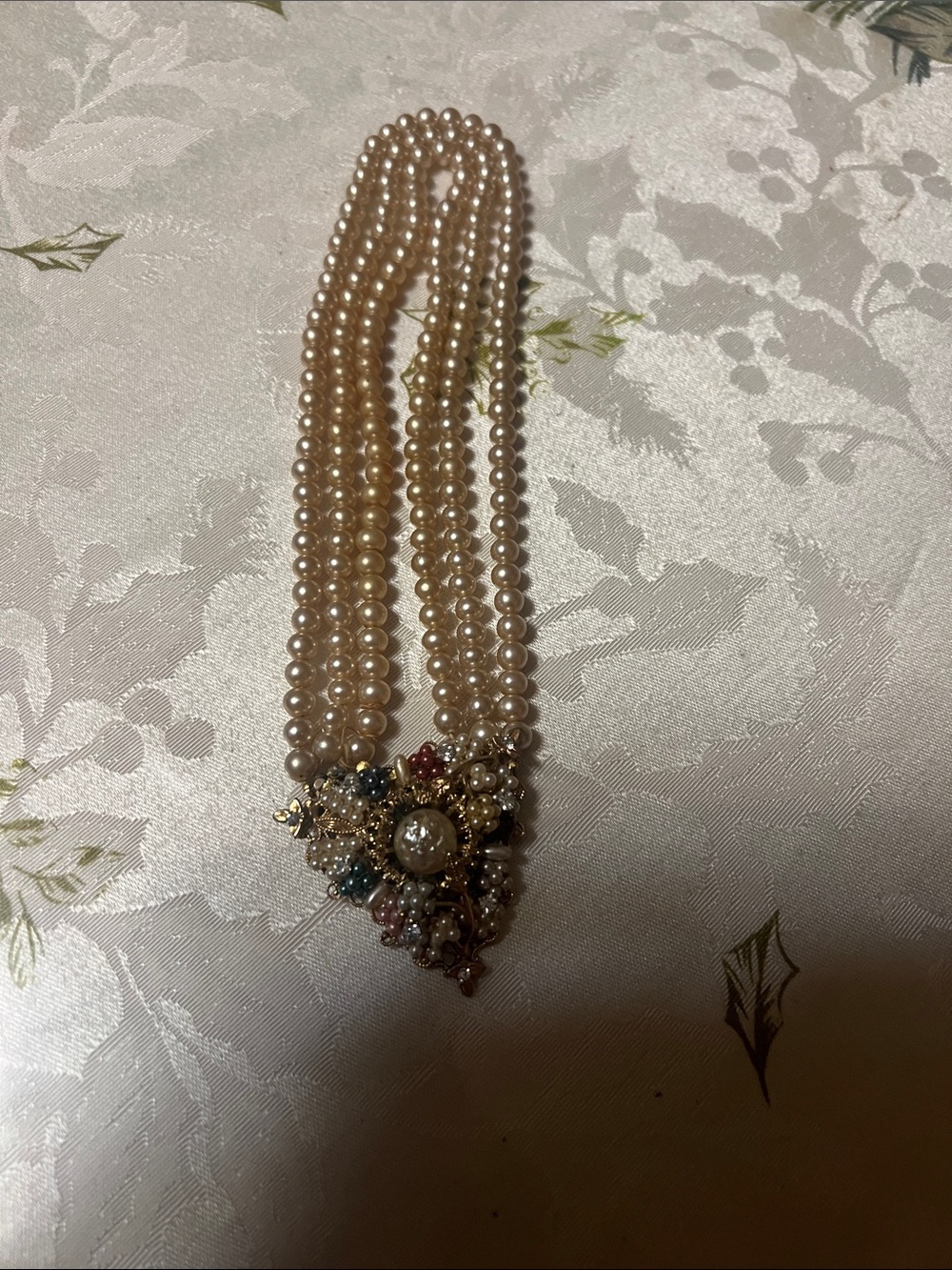 Multi-Strand Pearl Necklace with Floral Cluster Accent - Cream Pearls